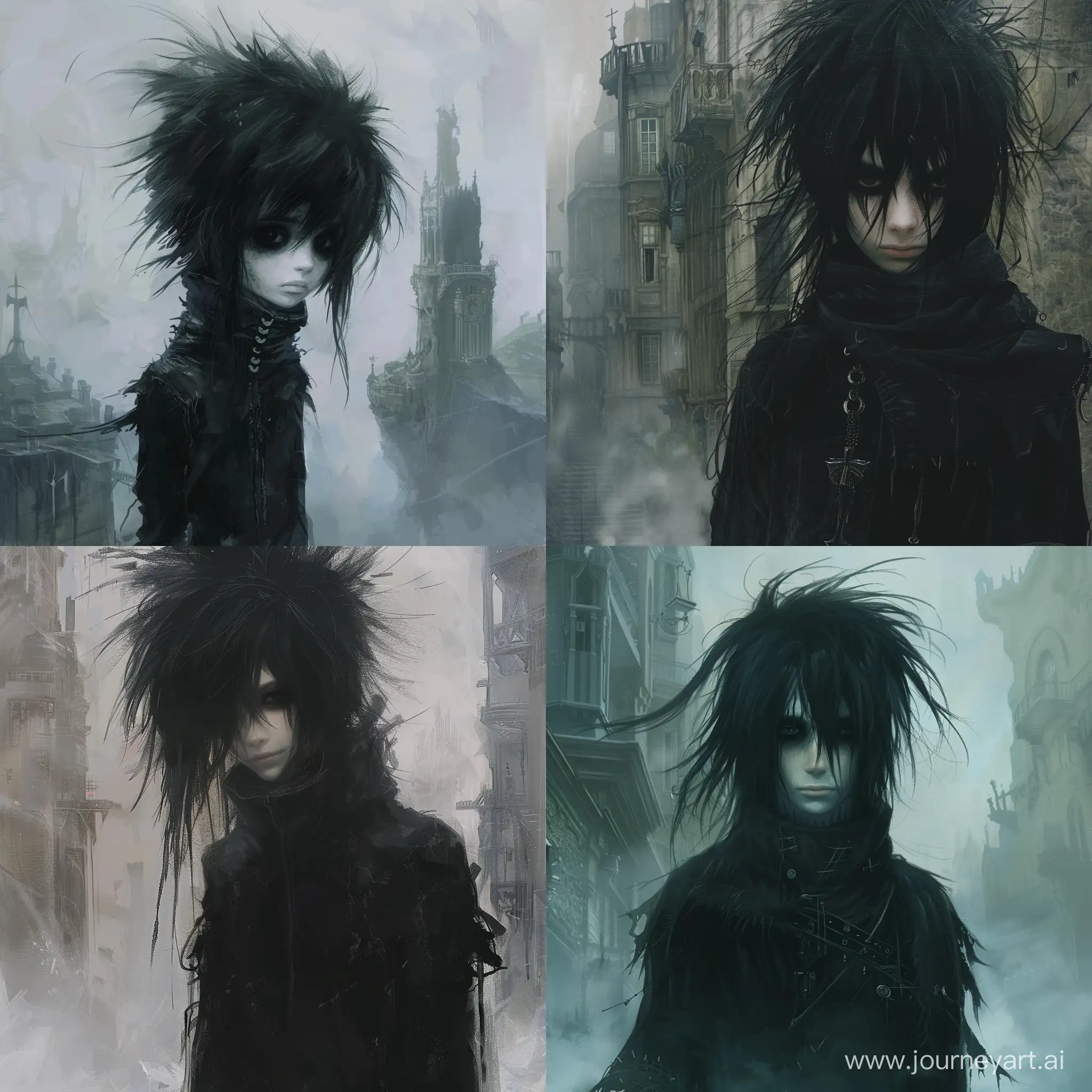 Yoshitaka Amano art style, a young guy of about 17-18 years old, visual kei;goth clothing, black clothes, long black shaggy hair, wonderland, fairytale country, creepy, gloomy, black eyes, human, blank, fog, a little smile rough facial features, building, tall height 