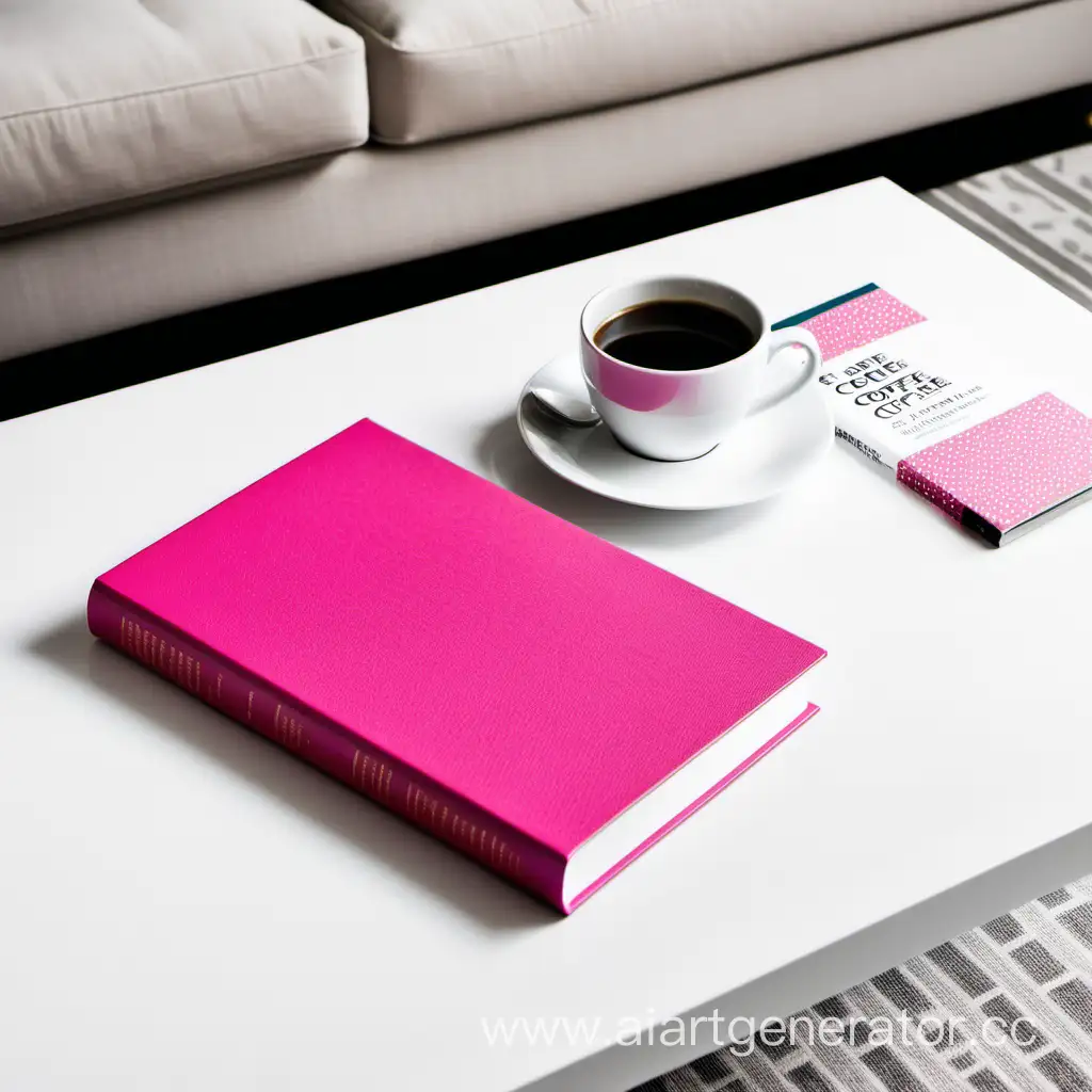 ярко-розовая книга лежит на белом журнальном столике, рядом белая чашка кофе 