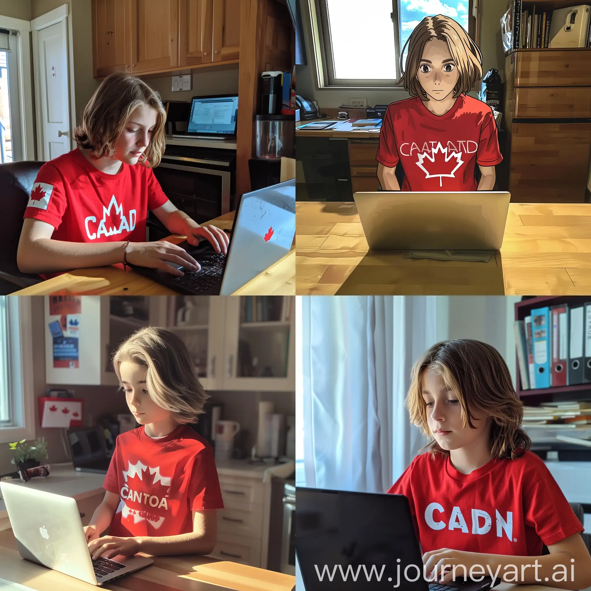 a boy with 175 cm height and 73 kg weight. with light brown hair wearing a red T-shirt that is written the word 'Canada' on that. this boy is behind her desk at home and working with his laptop. his hair are long. 