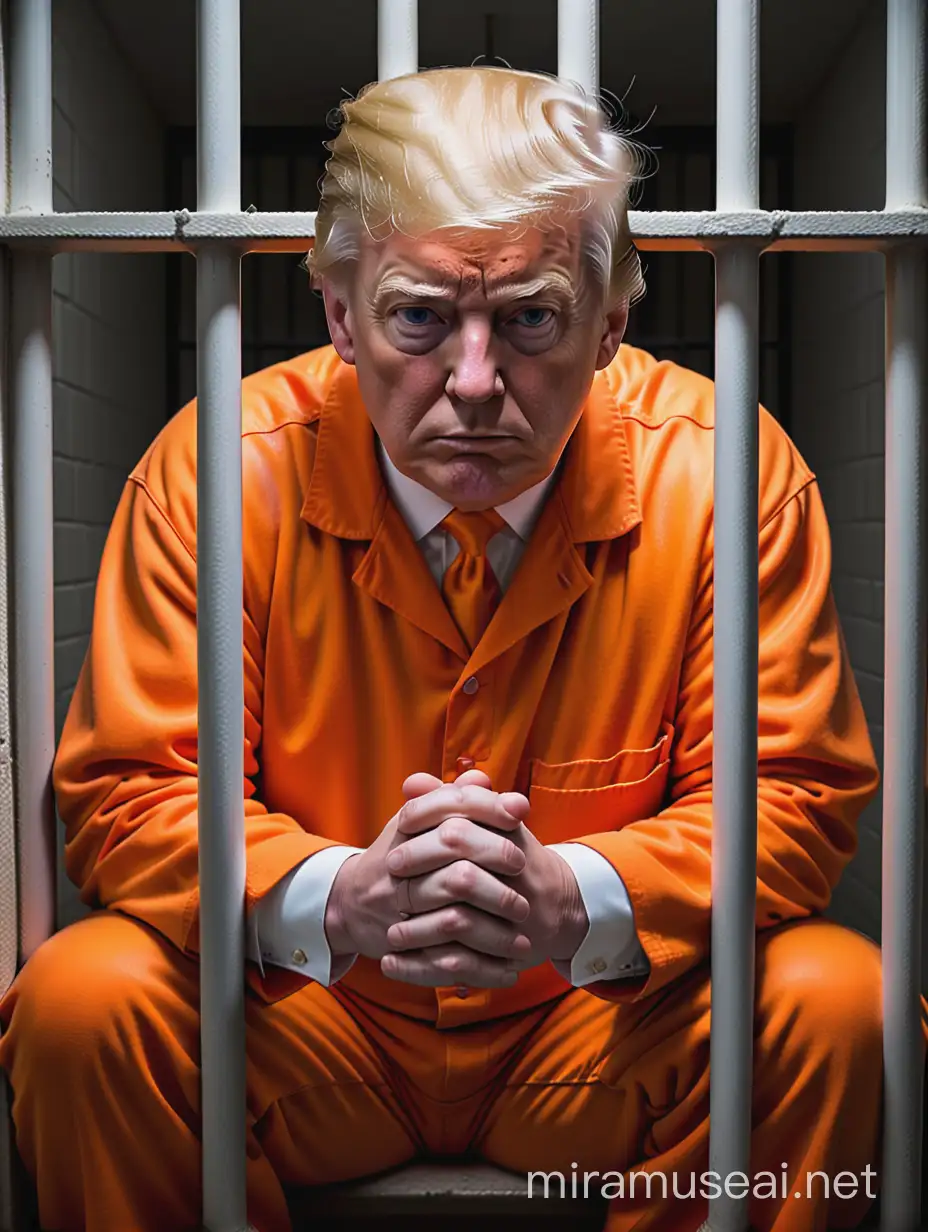 Donals Trump, in prison, behind bars, unhappy, orange prisonsuit, creepy atmosphere