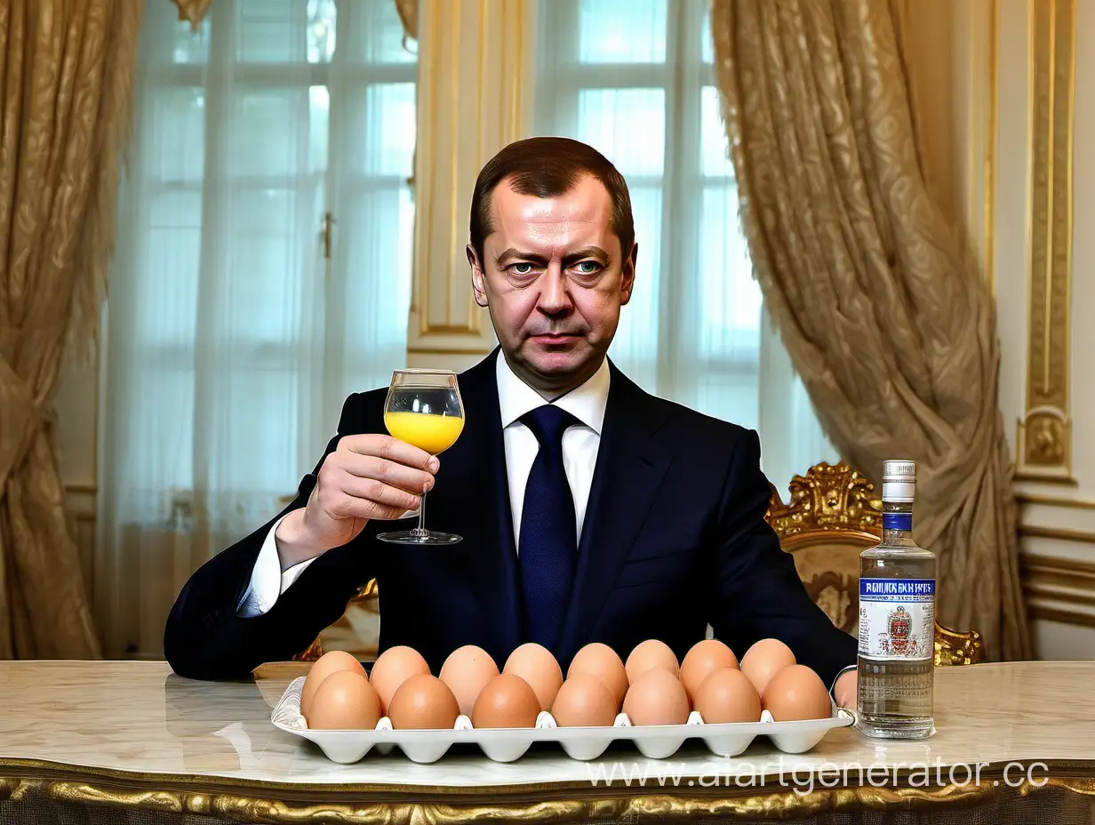 Дмитрий Анатольевич Медведев с водкой и яйцами