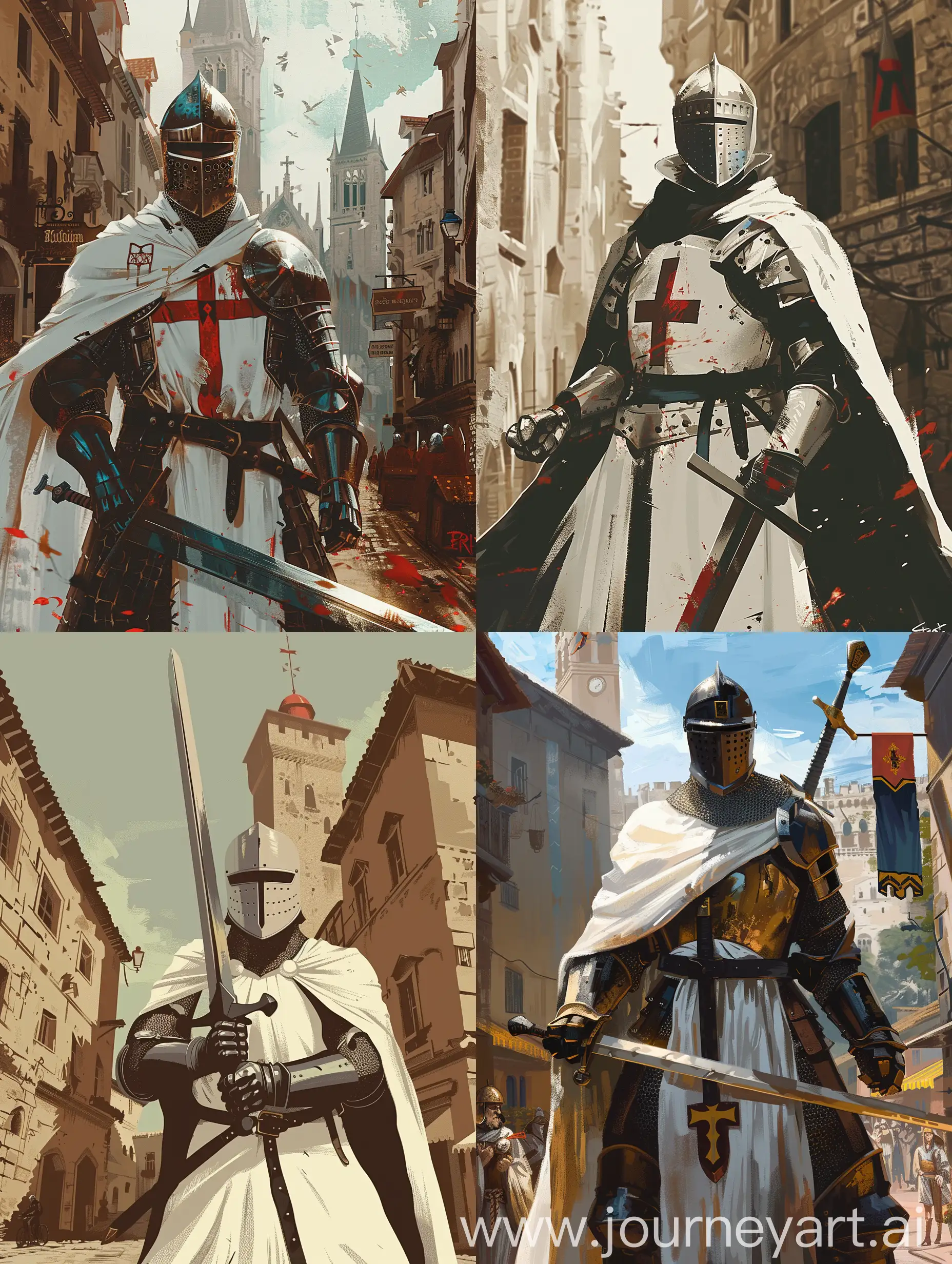 Illustration of a Templar Knight holding a sword in his hand. In medieval city centre. Digital art.