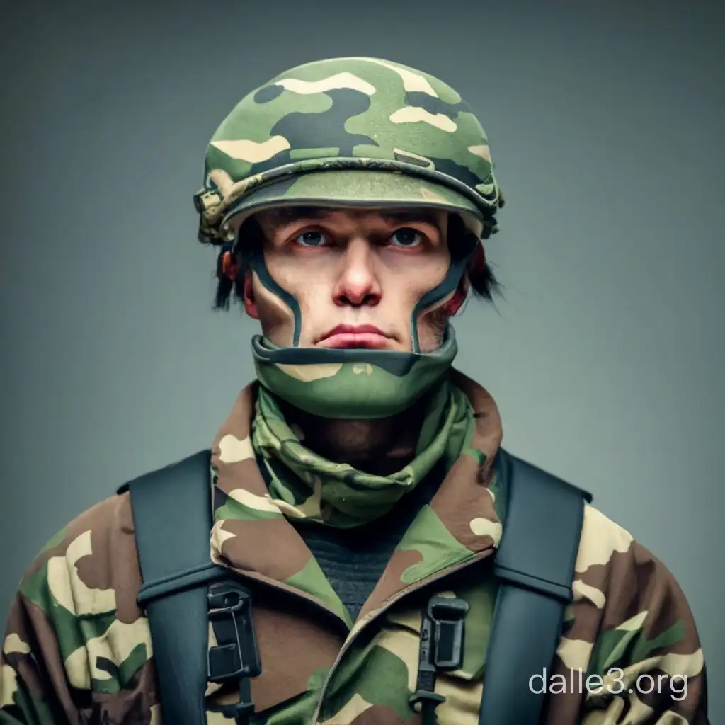 A soldier in a camouflage cap, in a green balaclava, in a camouflage jacket, in a bulletproof vest warrior, He looks sideways in bewilderment