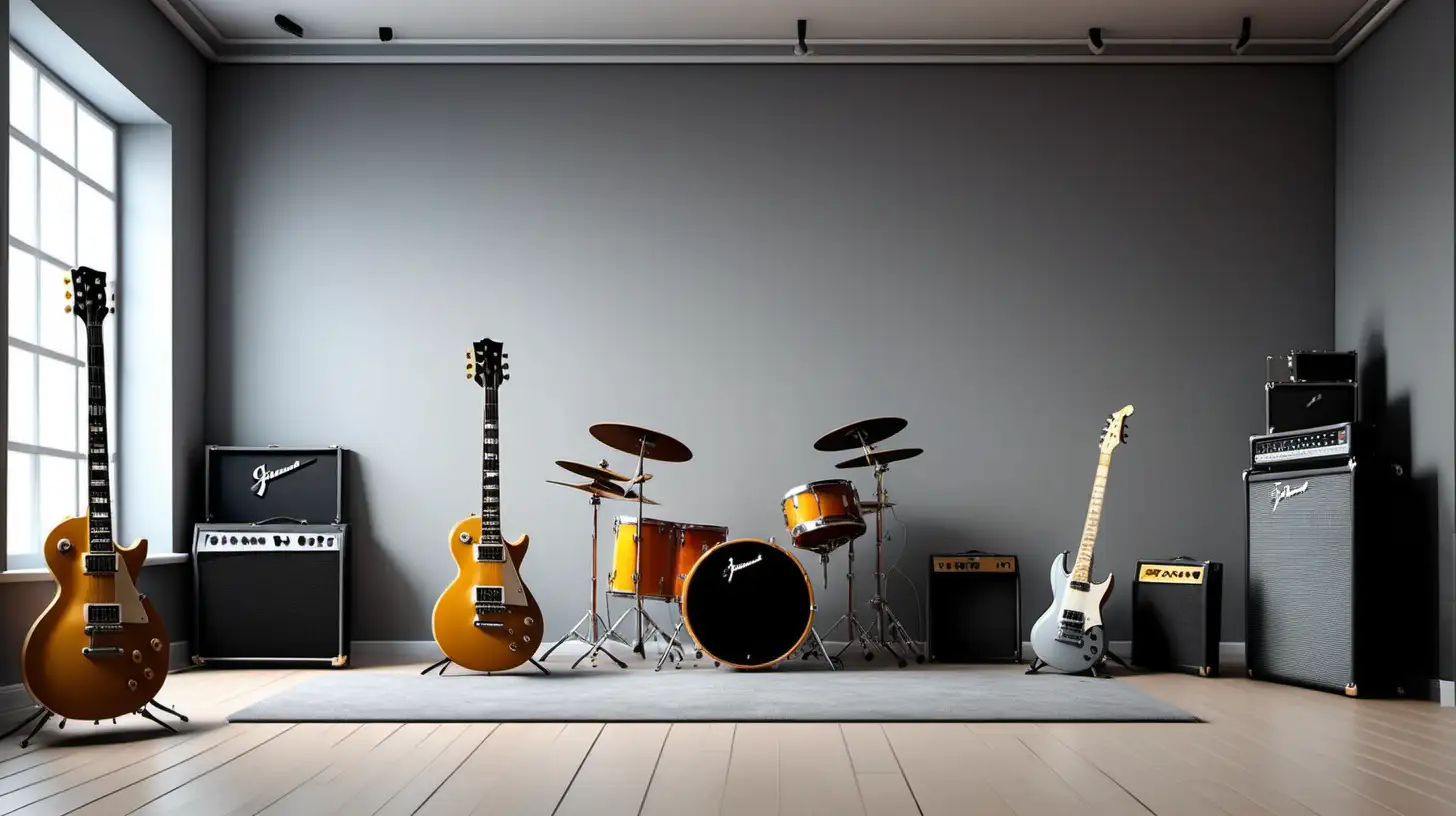 bright music studio with grey walls, wooden floor, one electric guitar in the style of gibson les paul, one drum set, one electric bass in the style of fender precision and minimal decoration