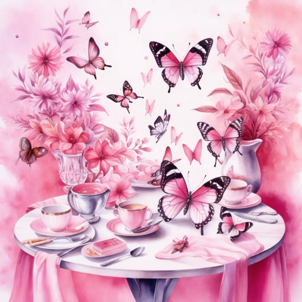 Vibrant Watercolor Table Decorated with Pink Butterflies