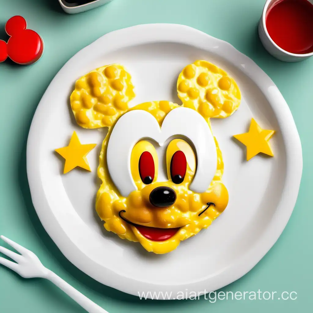 scrambled egg in white plate with mickey cartoon characters shape