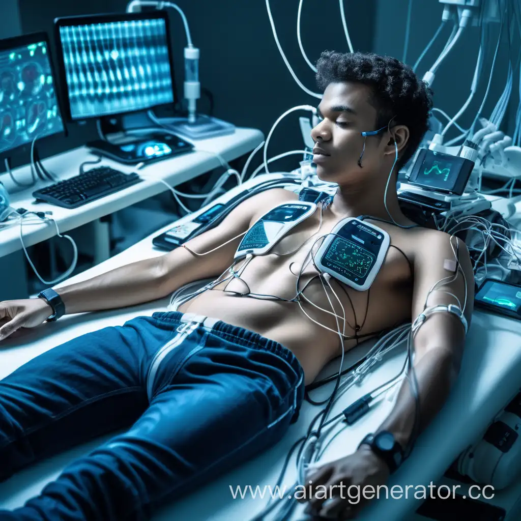 Young adult man lying down in a futuristic medical laboratory. Numerous heart monitor electrodes are placed on his chest and breasts, connected by wires.  He is wearing a T-shirt. Sensors are attached to his body to monitor his vital signs.
