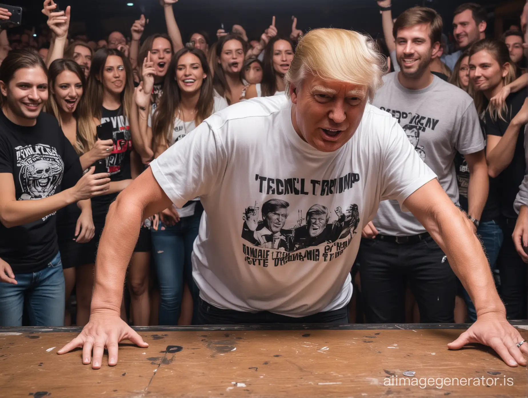 Donald Trump in Techno Club in T-Shirt dancing on the Table in the Club and People makes party with him