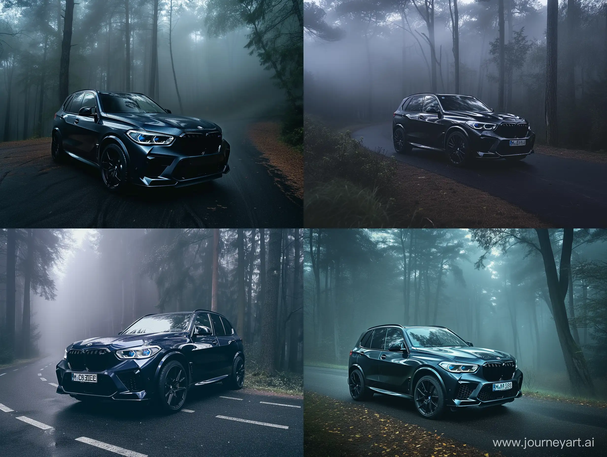 Eerie-Dawn-Drive-Black-BMW-X5M-2020-on-a-Misty-Forest-Road