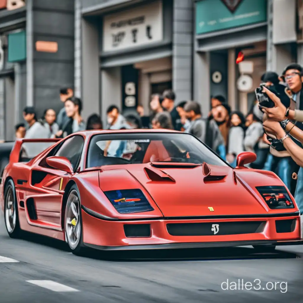 Make an image a ferrari f40, all red with a black spoiler, drifting through a classic tokyo street. Super realistic image that looks like real life. Make sure that the car is all red BUT the spoiler on the back is black. Have a crowd of people round the car taking photos with flash on