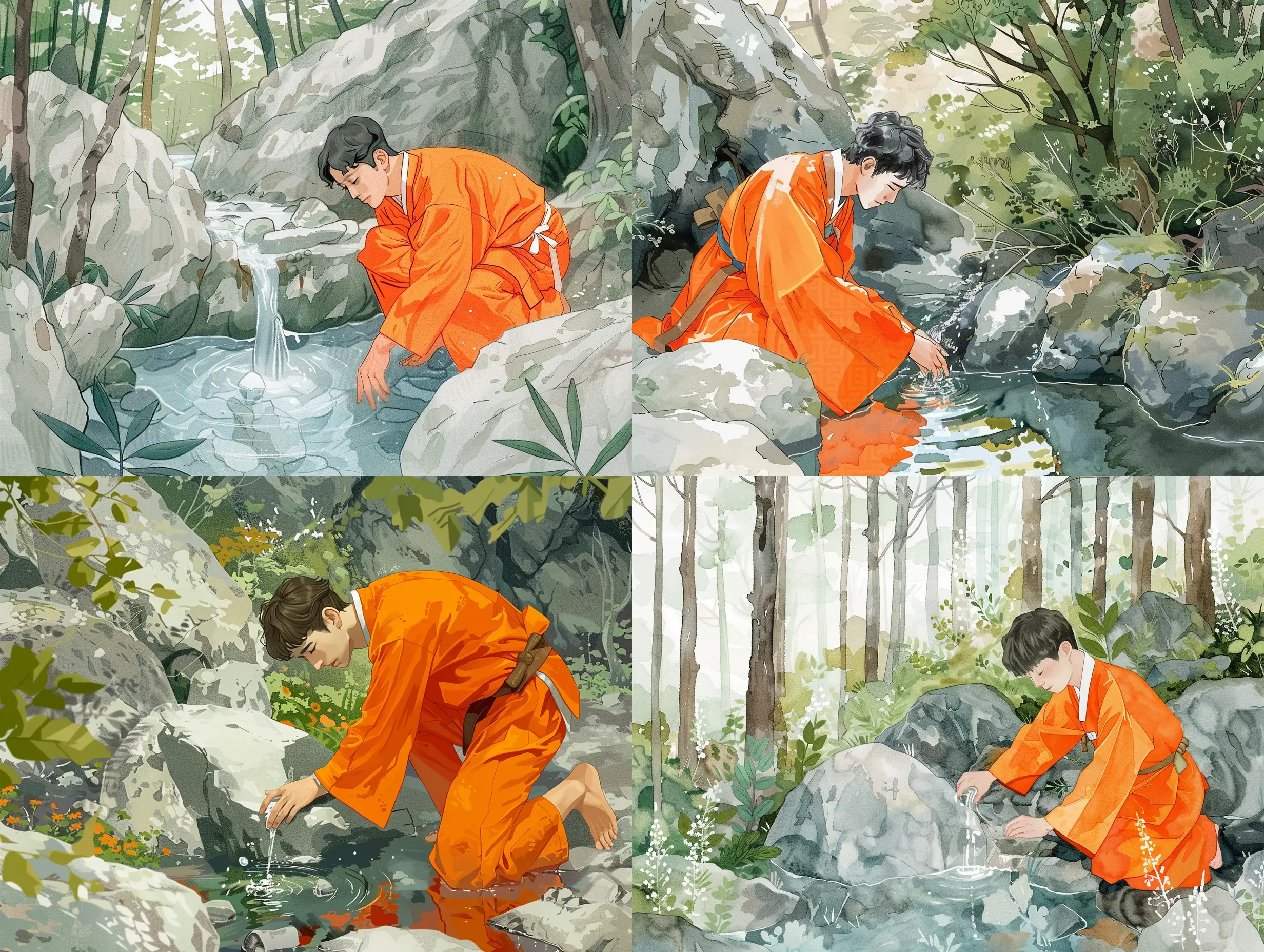 Illustration like fairytale about young handsome Korean man in orange kimono, he is in the mountain forest finds a spring flowing under the rock and the water in it is clear and clean. He approached the spring, knelt down and let him drink the water