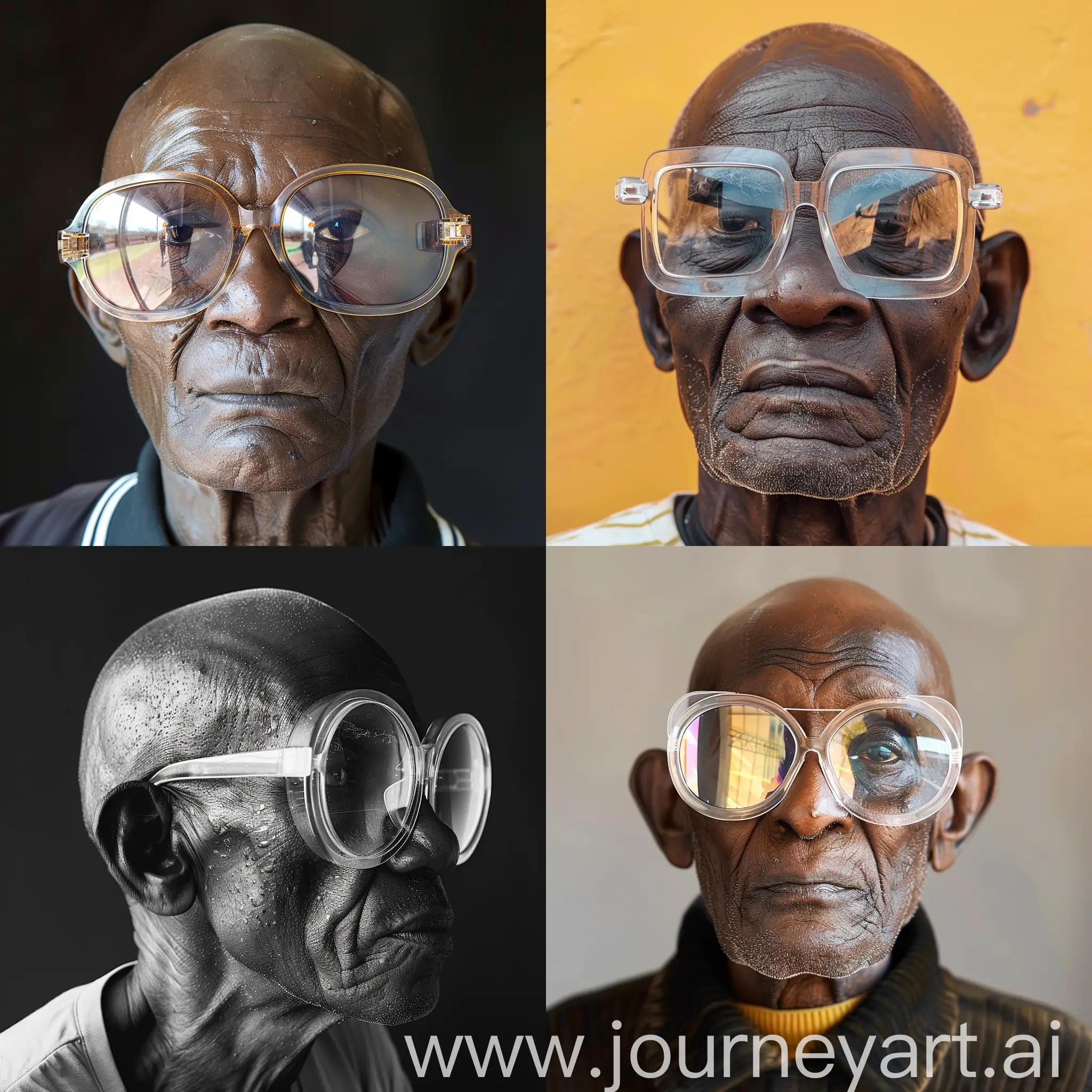 African bald old man wearing thick clear framed and reflective glasses