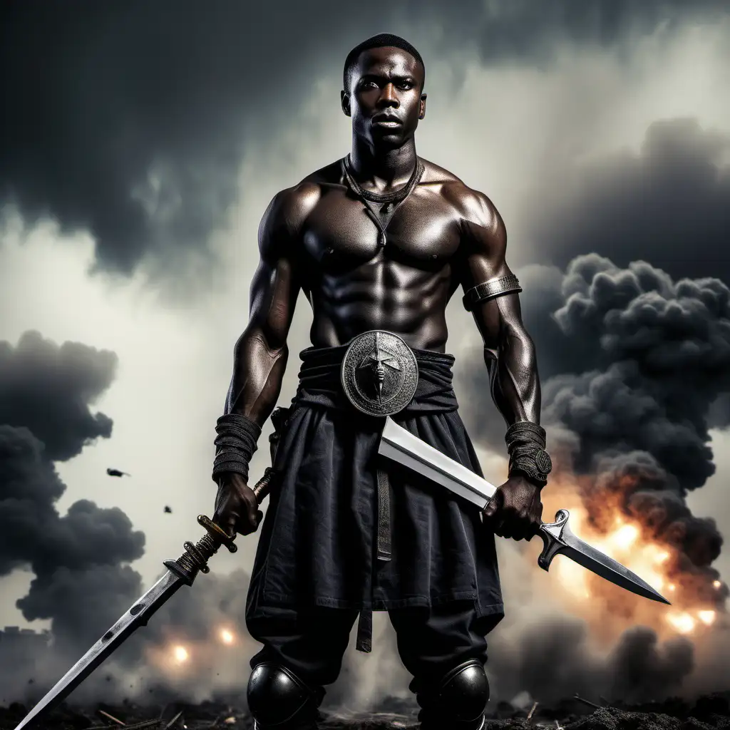 black male, 25 yrs warrior standing tall in the battlefield