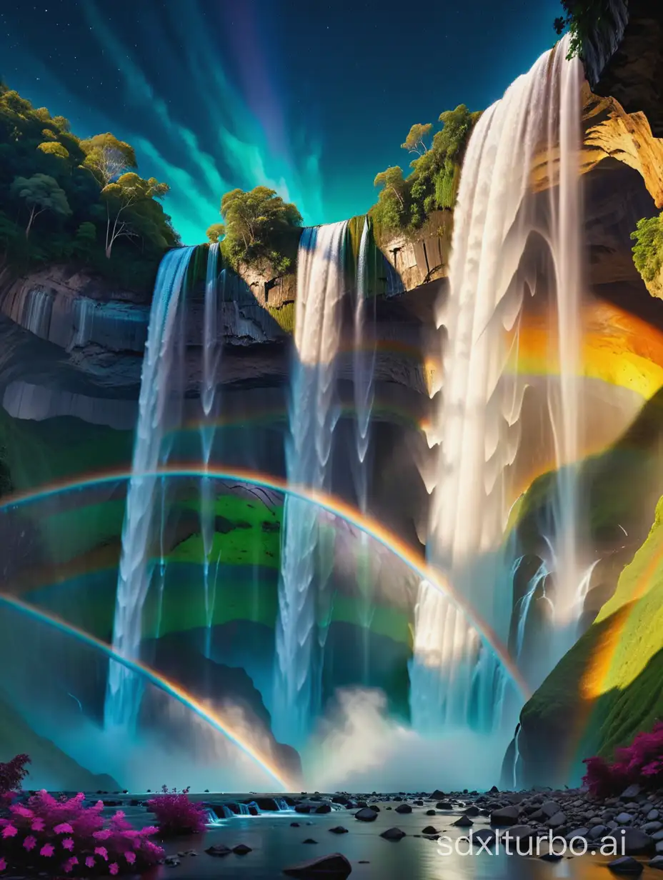 rainbow waterfall epic spectacular beautiful magical night glow