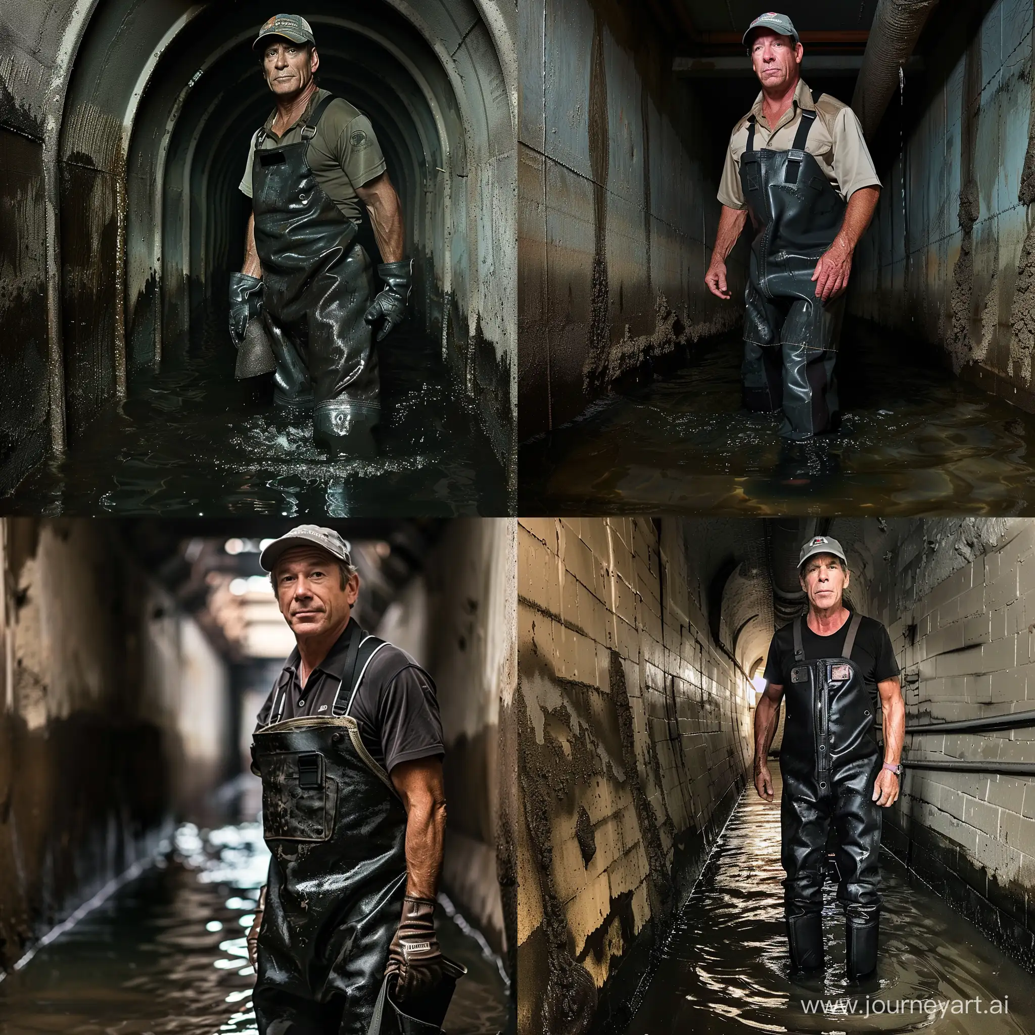 Mike Rowe wearing waders in a sewer