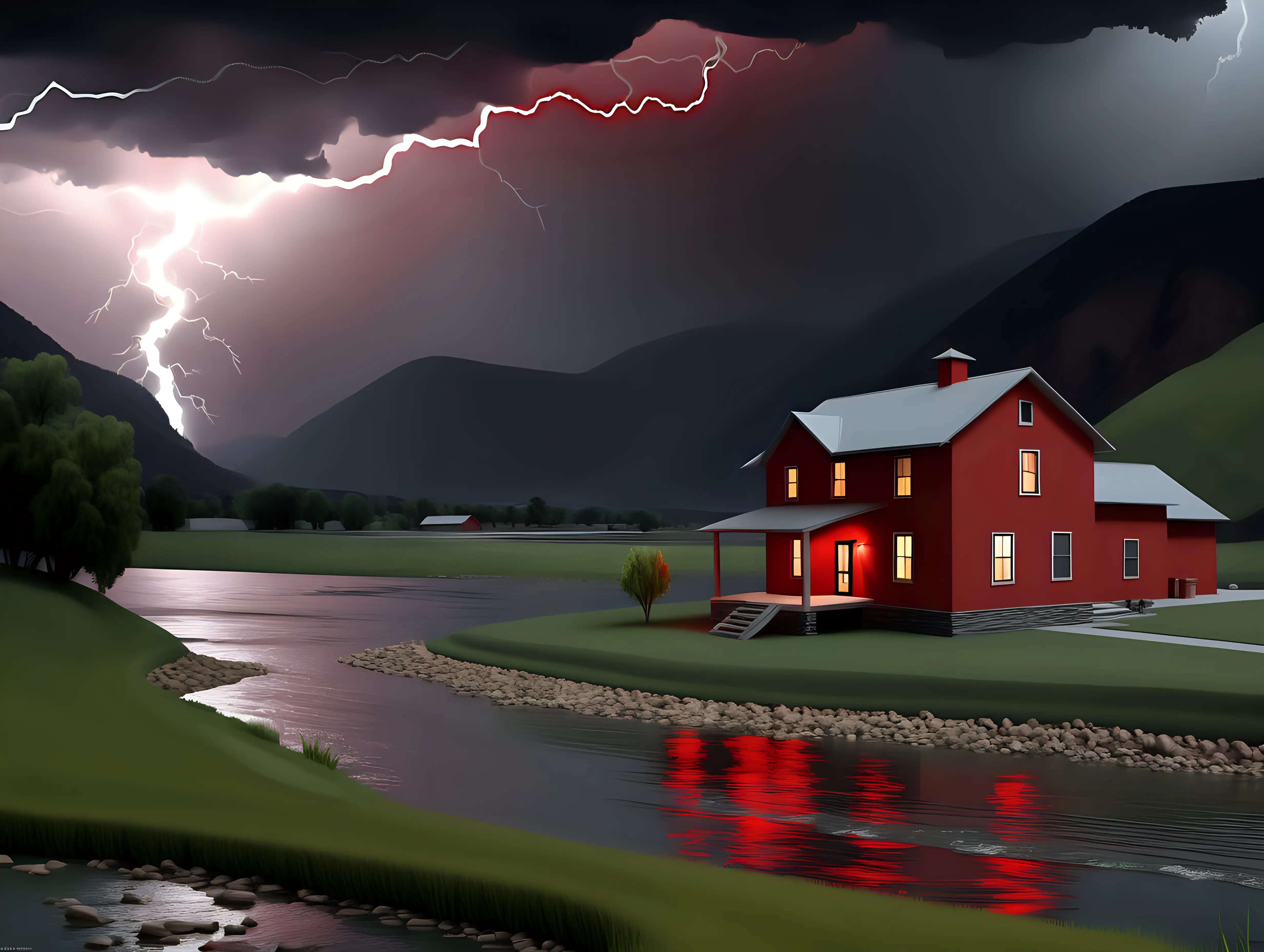 Picturesque Farmhouse Amidst Majestic Mountains with Dramatic Lightning
