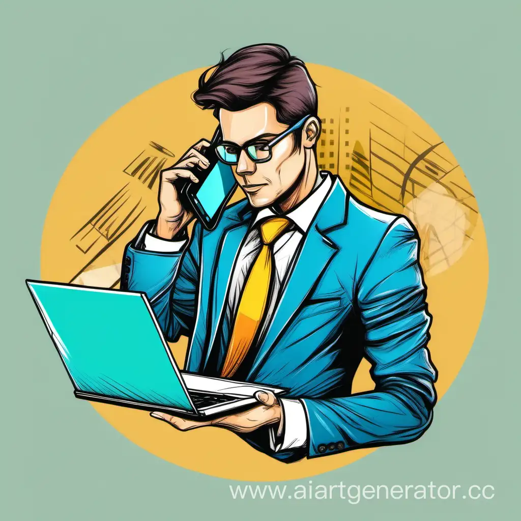 мужчина предприниматель цветной рисунок в костюме с ноутбуком и телефоном в руках