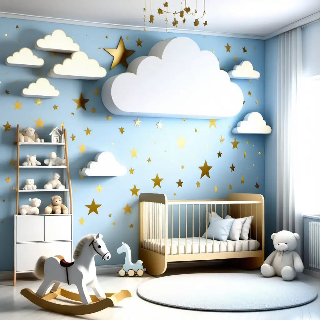 Design a nursery room background filled with fluffy white clouds on a light blue sky wallpaper, accented with golden stars. The setting should include a plush white rug, a classic wooden rocking horse, and floating shelves with cuddly toys. The night light can be showcased on a cloud-shaped floating shelf.
