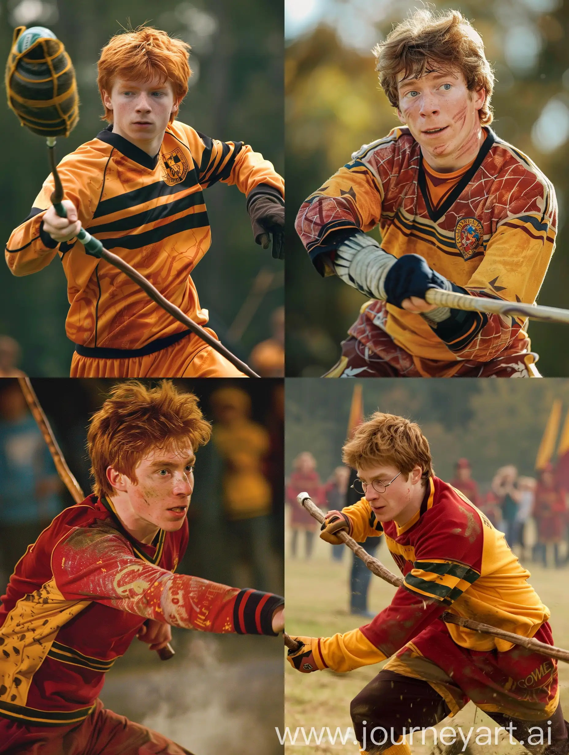 Ron Weasley de 34 años jugando quidditch con uniforme de quidditch 
