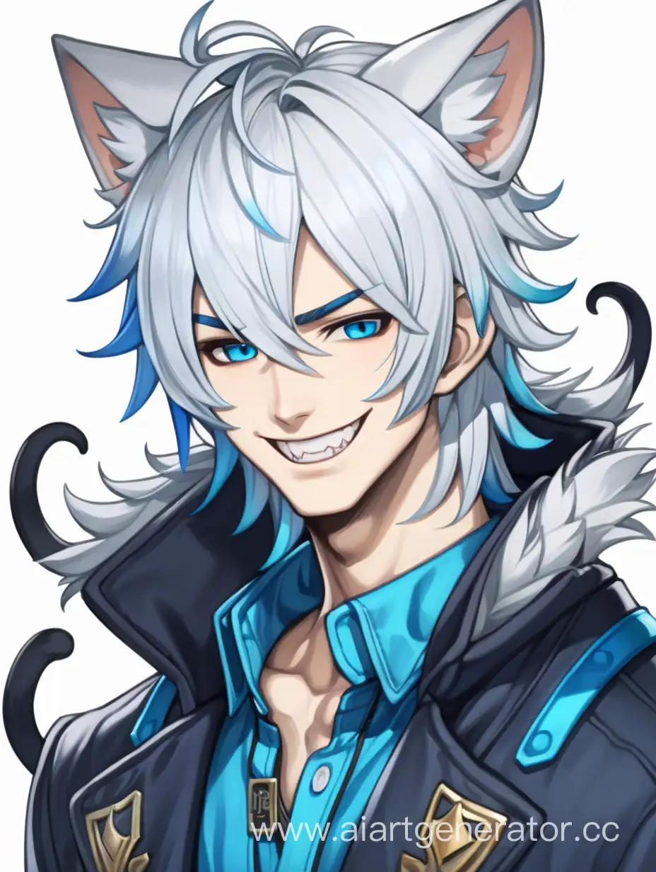 Персонаж парень с кошачьими ушками и хвостом и белыми волосами с голубыми прядями, но он выглядит как подросток и одет в пальто, а ещё у него есть клыки и он улыбается