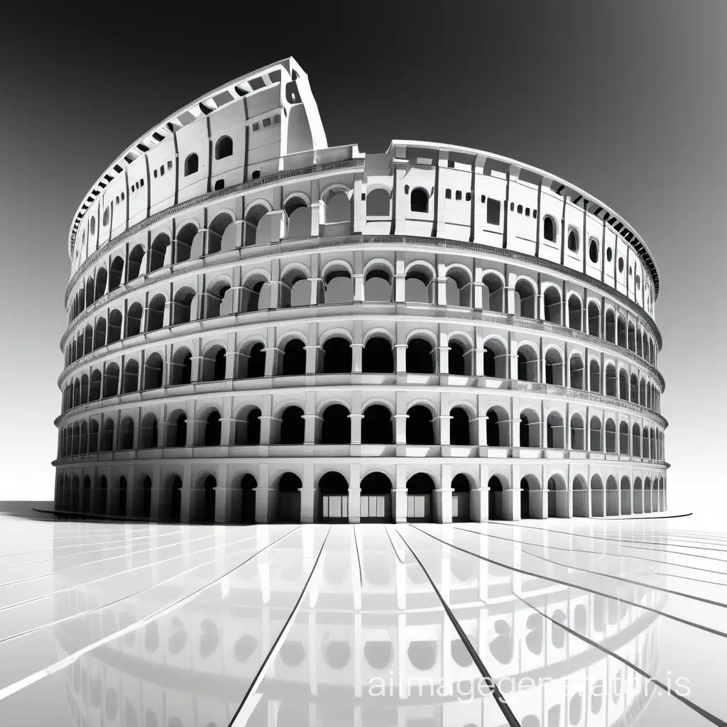 outside angled from ground using ultra wide angle perspective external view of a white colesseum modern model  black and white illustration that looks like made of white glass on white background and mirror floor  16:9 format 
