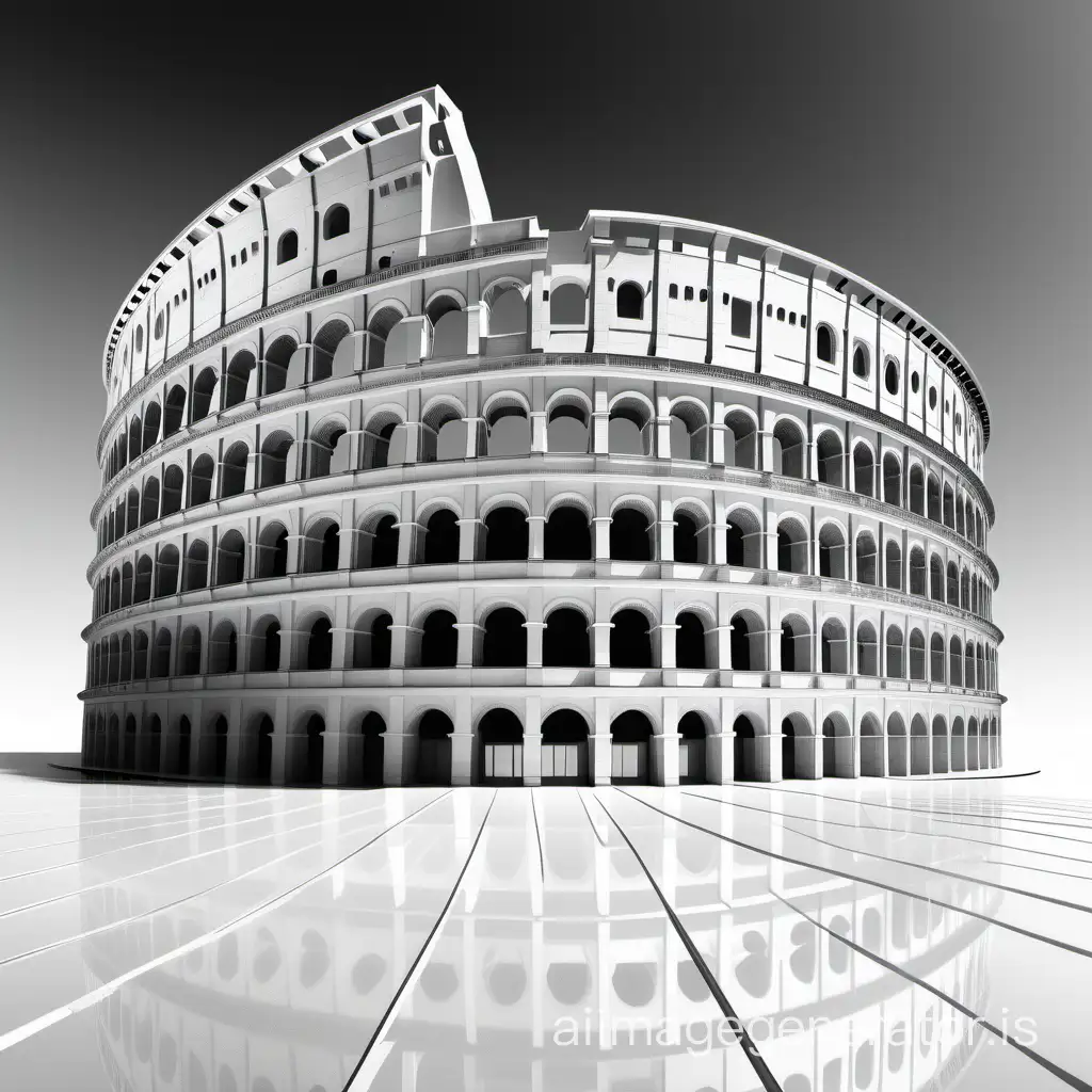 outside angled from ground using ultra wide angle perspective external view of a white colesseum modern model  black and white illustration that looks like made of white glass on white background and mirror floor  16:9 format