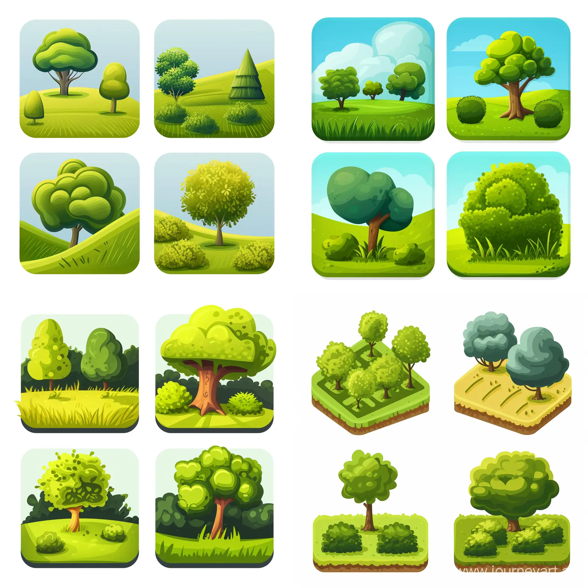 4 square icons in a serious style, on the first icon parks, on the second icon fields, on the third icon trees, on the fourth icon bushes --v 6 --ar 1:1 --no 60168