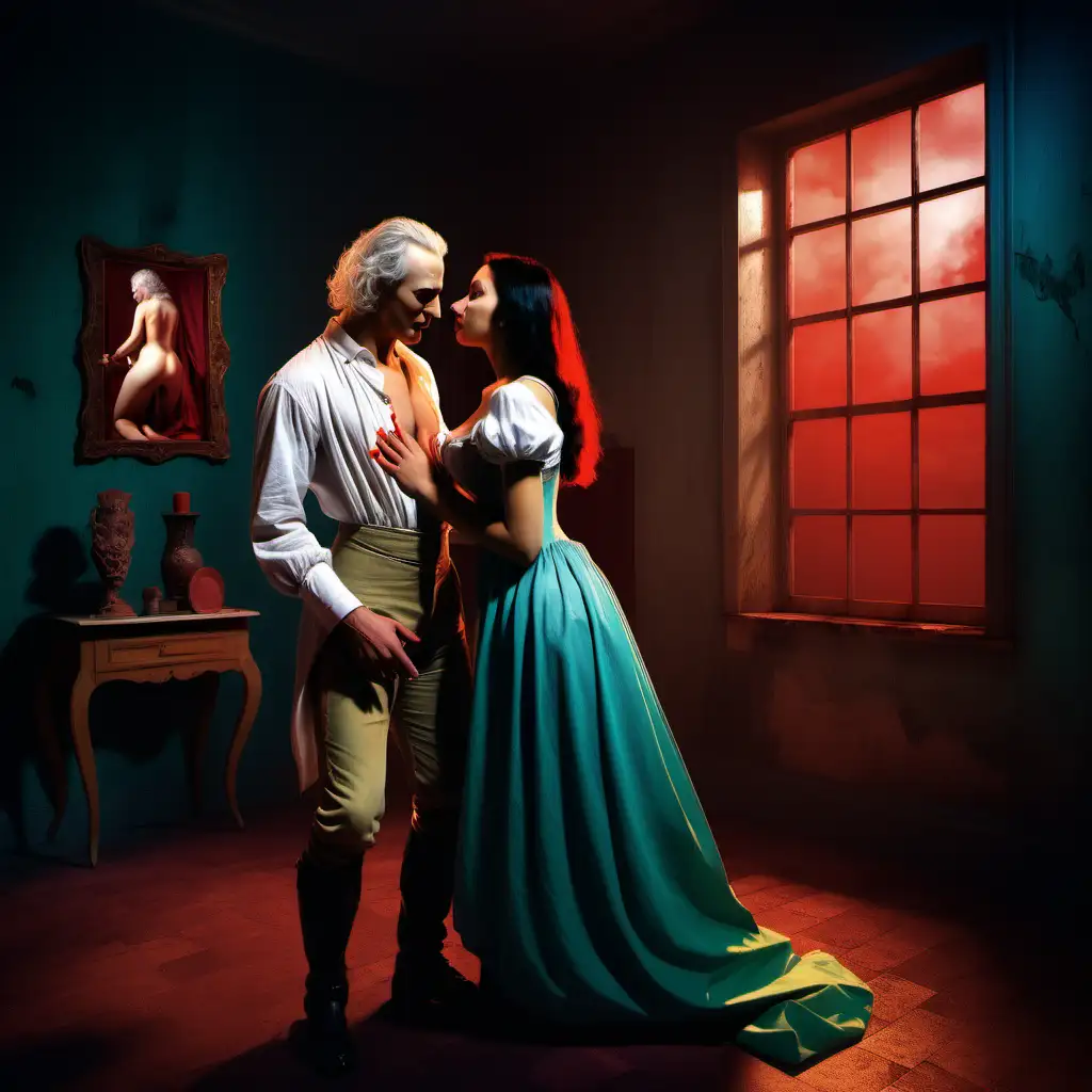 Surreal atmosphere, supernatural. Photo-realistic, vibrant colors. The recurring nightmare of Marquis de Sade seducing a young and naive female domestic worker.