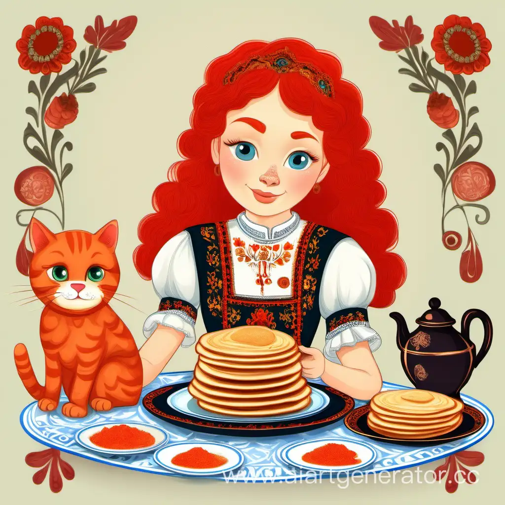 Красивая рыжая девочка в русском народном костюме держит блюдо с тонкими блинами. На столе стоит самовар, красная икра, сметана. И сидит рыжий кот   