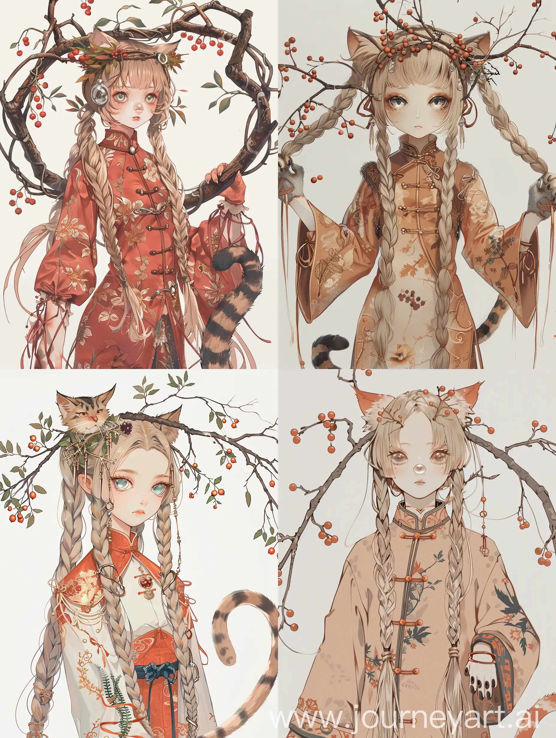 anime girl, with long light thick braids, glass eyes, branches with rowan berries on her head, cat paws instead of legs, Eastern Chinese outfit, herbarium on clothes, tail with rings, full growth, multiple views