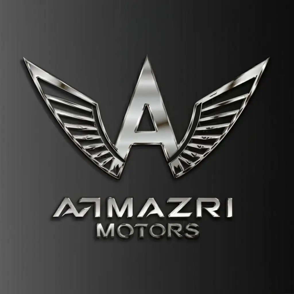 a logo design,with the text 'Amazri Motors', main symbol:chrome wings, air, fast, emblem, 'A',complex,be used in Finance industry,clear background