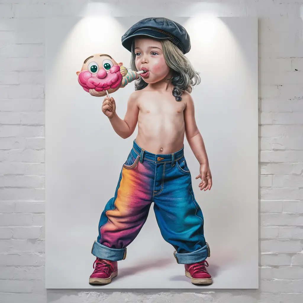 Adorable Little Girl Enjoying a Colorful Lollipop in Stylish Jeans and Cap