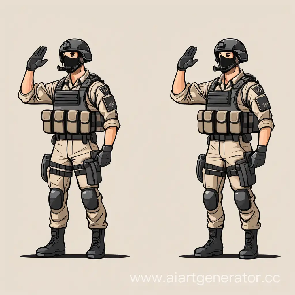 человек спецназ без фона без оружия вид с боку в мультяшном стиле 
с поднятой рукой и вторая картинка с опущенной рукой 
 
