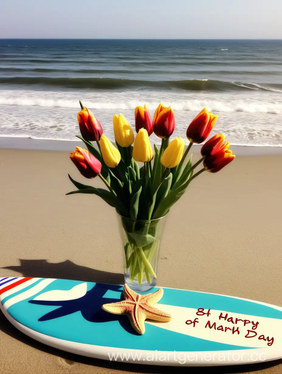 солнце море волны отдых песок пляж 8 марта международный женский день тюльпаны позитив доска для серфинга алкоголь бокал вина букет цветов морская звезда текст 8 марта