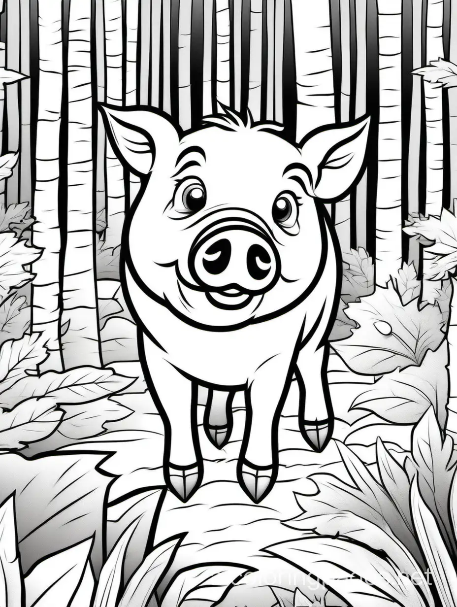 gray-scale pig with a long snout in the forest 
, Coloring Page, black and white, line art, white background, Simplicity, Ample White Space. The background of the coloring page is plain white to make it easy for young children to color within the lines. The outlines of all the subjects are easy to distinguish, making it simple for kids to color without too much difficulty