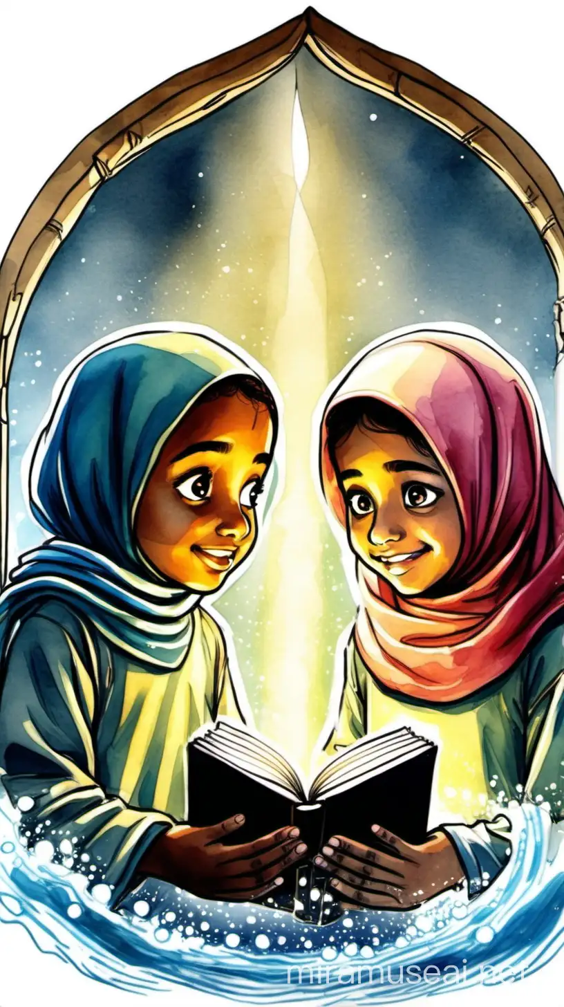 light coming out of an open book, muslim girl and boy, high quality drawing, cartoon, water colours