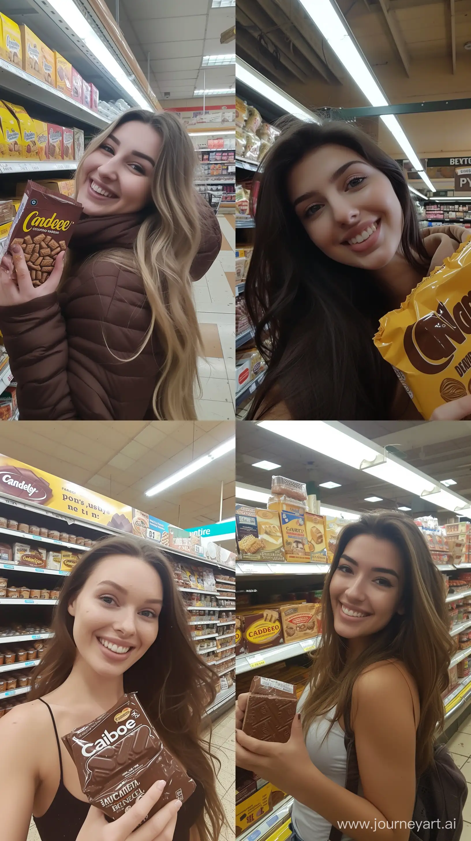 photo of attractive woman inside filthy grocery store,her robrey of one Cadbury big packet and smile, posted on snapchat --ar 9:16 --v 6