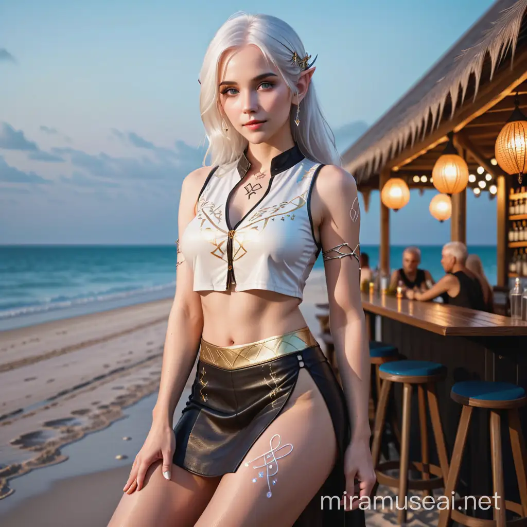 xtreme high details full body image of a woman with white hair, her hair is decorated with silver. she has elvish writing in gold on arms and body. wearing a minimal sleeveless open front leather top and a loose short skirt embroided with colourful elven runes, sitting at a beach bar in the evening facing the camera