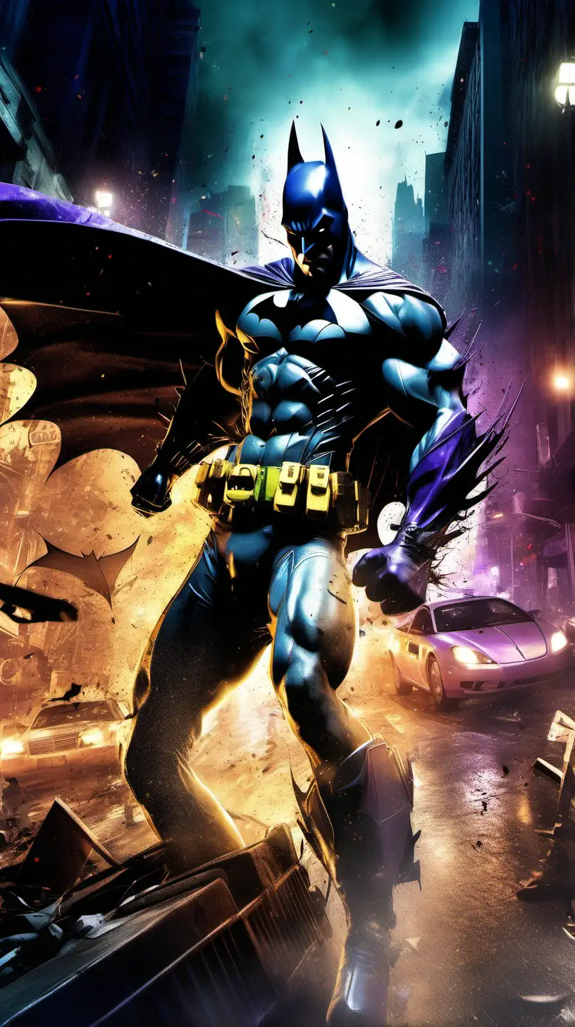 A high-octane digital art depiction of Batman locked in an intense battle with the Joker amidst the neon-lit streets of Arkham City. With a backdrop of a dynamic explosion, capture every intricate detail of their costumes and expressions. Emphasize dramatic lighting to heighten the tension and showcase the noir ambiance. Horizontal orientation for maximum impact.