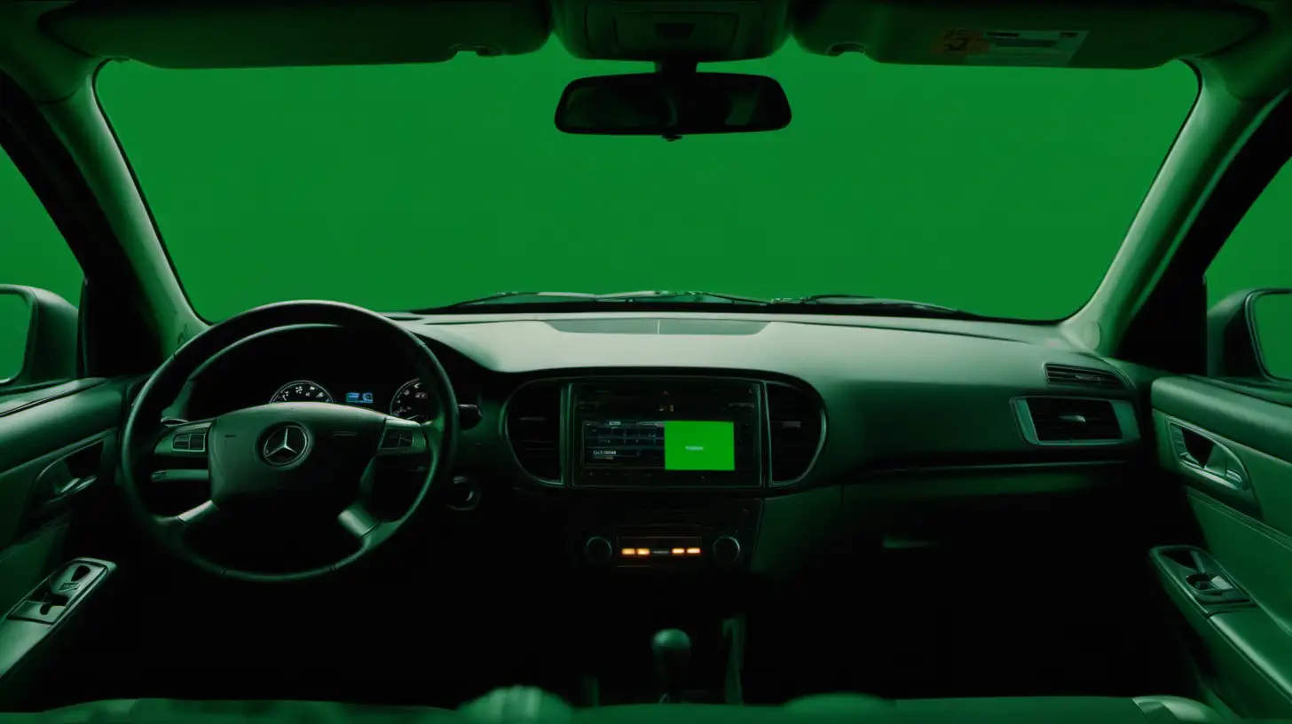The image portrays an empty car interior set against a green screen for post-production editing. The shot, taken through the front windshield, is a medium close-up with an eye-level perspective, as if observed from someone standing in front of the vehicle. The lighting inside the car is carefully arranged to prevent shadows, ensuring the green screen can be effectively utilized later in editing. The car’s cabin is evenly illuminated, creating a clear distinction between the interior and the green backdrop, which is essential for keying out the background in post-production.

The overall lighting is intentionally flat and bright to avoid the complications of color spill, which can occur when the green from the screen reflects on the subjects. This flat lighting scenario is particularly crucial for scenes set at night, as it allows editors to superimpose any nighttime background seamlessly.

While the scene suggests a nocturnal setting, the lighting does not mimic natural night lighting but is instead optimized for technical needs during the editing process. The color grading within the car is neutral, with careful placement of lights to ensure clarity of the car’s edges against the green screen.

The car itself is a standard model, with seats and interior details visible but devoid of any personal belongings or occupants,