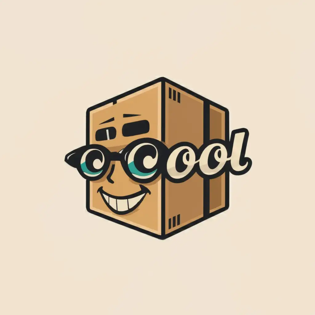 a logo design,with the text "Cool", main symbol:A big, realistic, simple, cool and atractive shipping cardboard box with a face with sunglasses on.,Moderate,clear background