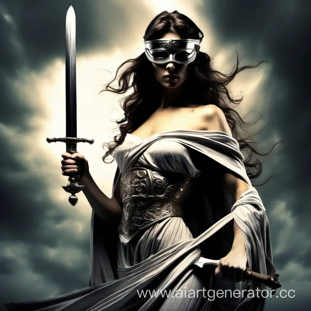 немезида слепая с перевязаными глазами женщина богиня правосудия брюнетка с мечом в руке