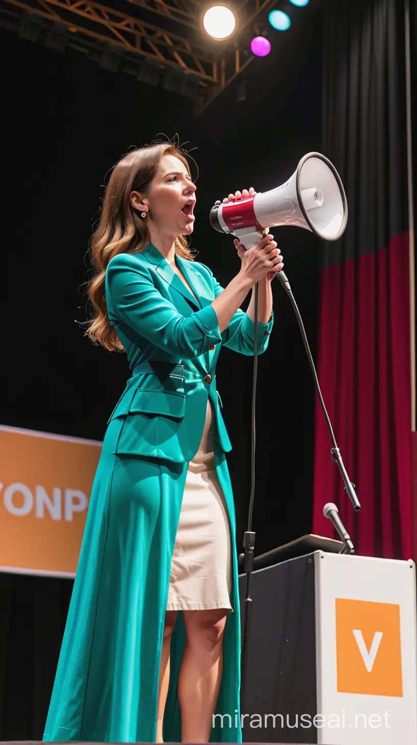 A woman on stage speaks into a megaphone