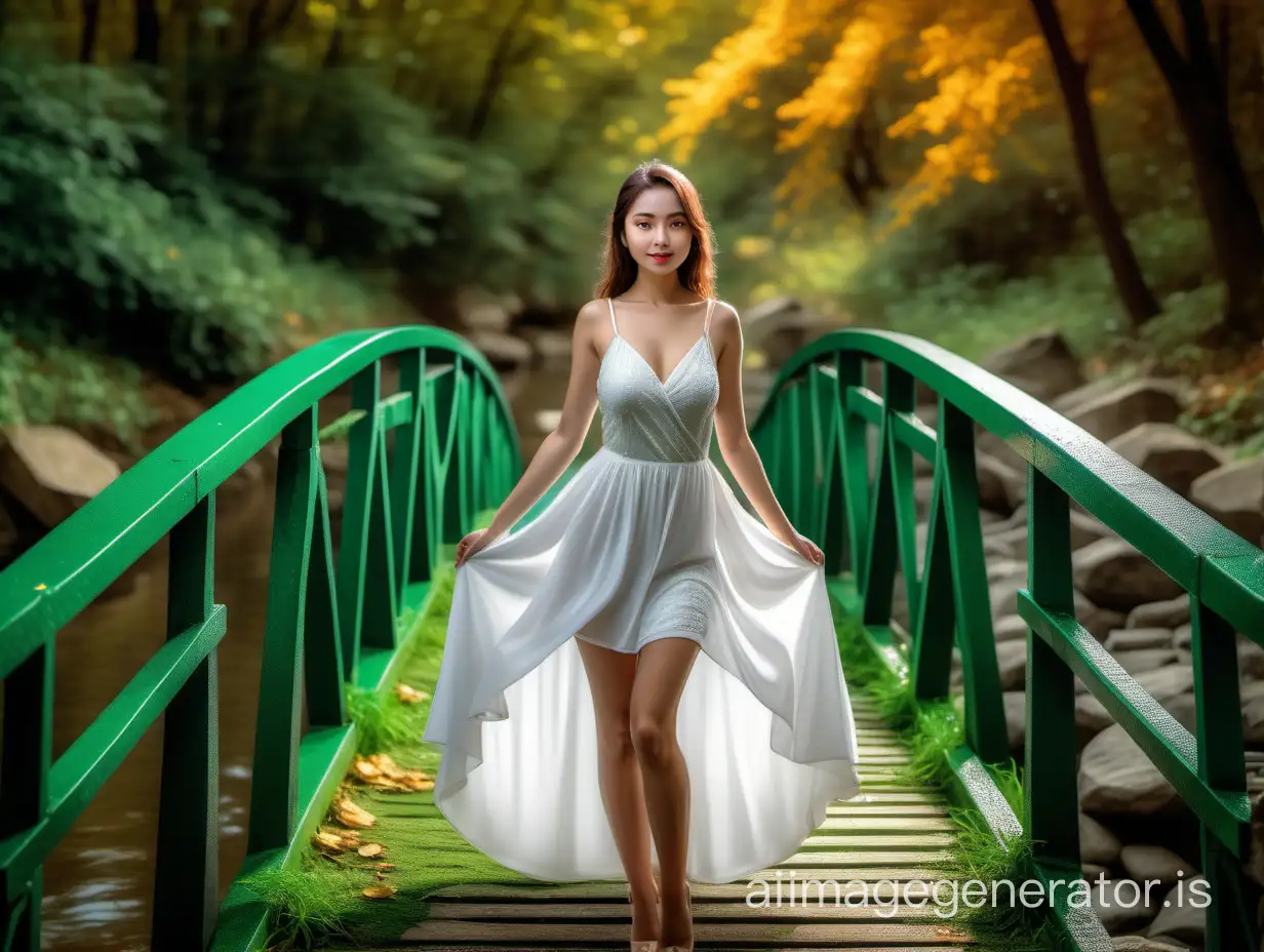 A lady posing in a little bridge, beneath her is a river with green shallow color, she is beautiful wearing light sparkling white dress, autumn falls with lovely vivid dreams, magical feeling, photorealistic, realism, highly detailed, sharp and focused picture, raw photo, HDR, masterpiece, shot with Sony A7III camera, lens 35 mm f2, natural lighting scenario