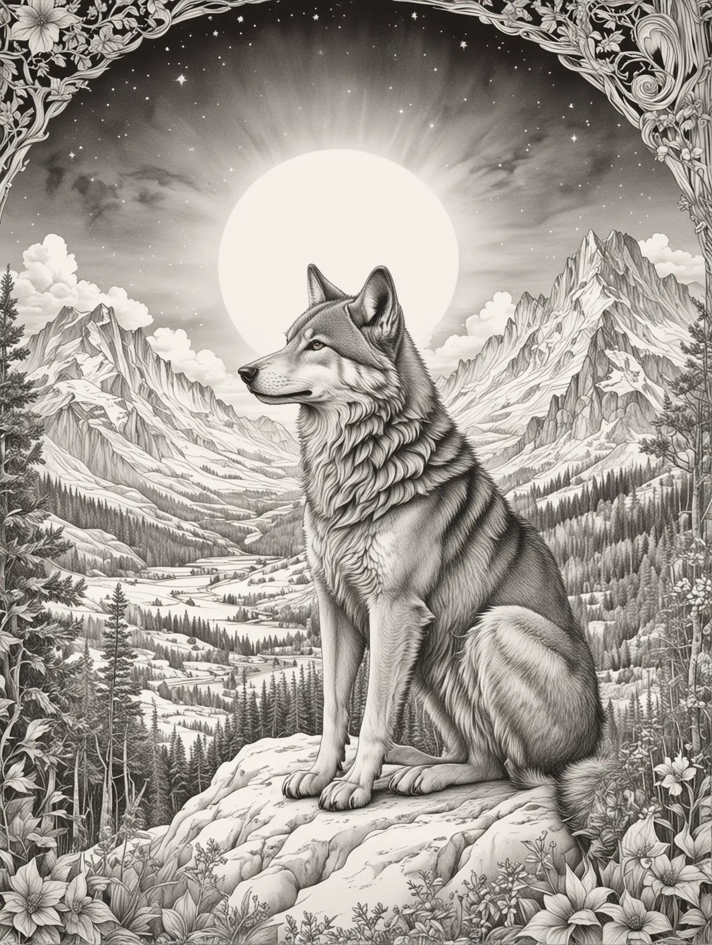 vintage style fairytale colouring book for adults, fairytale scene featuring a wolf sitting and staring at the moon, snow capped mountains in the distance.
