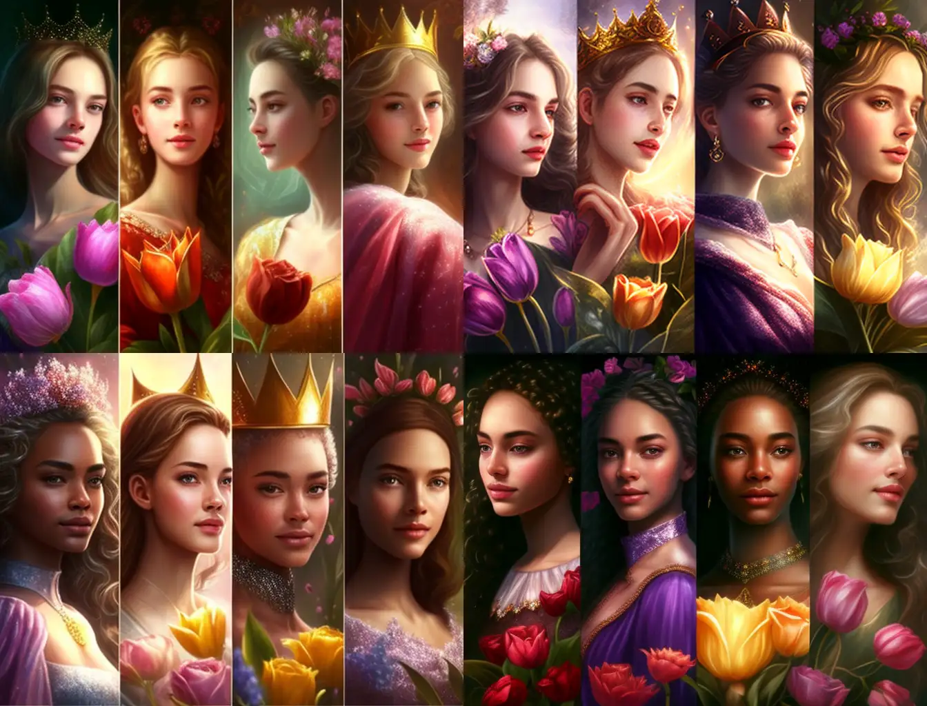 Four beautiful tulip princesses. There is sunlight and sparkling, vibrant colors.featuring 8K quality images