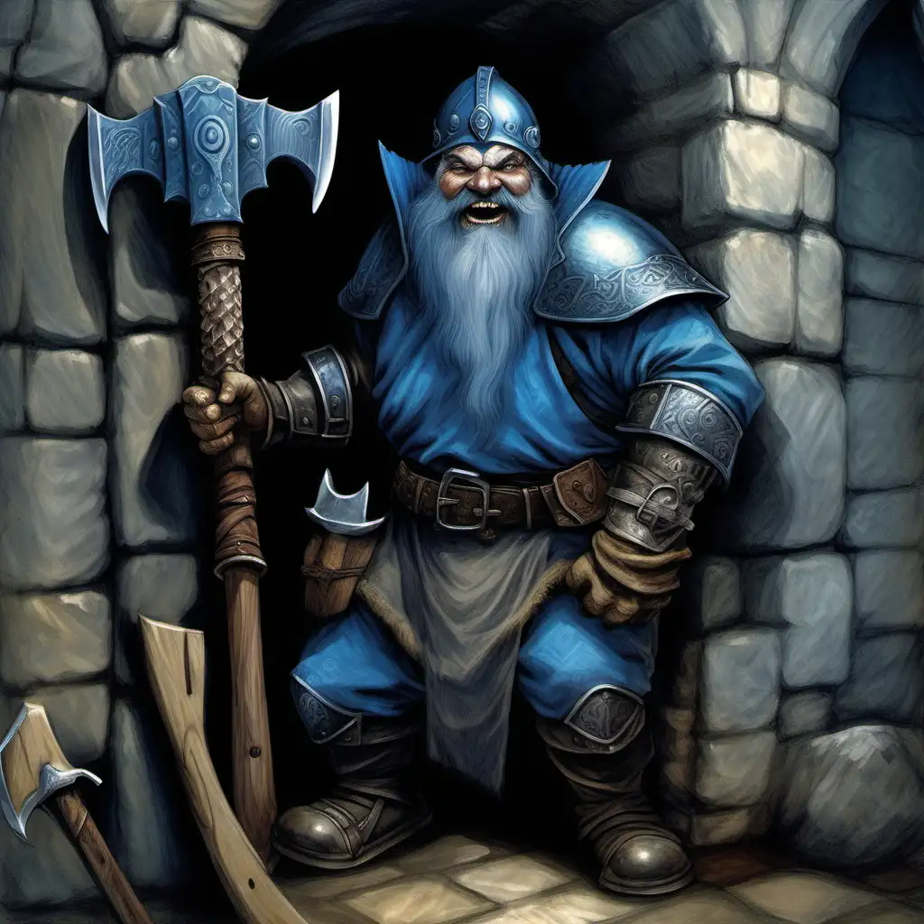 changeling shapeshifter dwarf warrior, blue gray skin, blue beard, short, stocky, helmet, two-handed axe, crazy grin, manor interior, night, Medieval fantasy painting