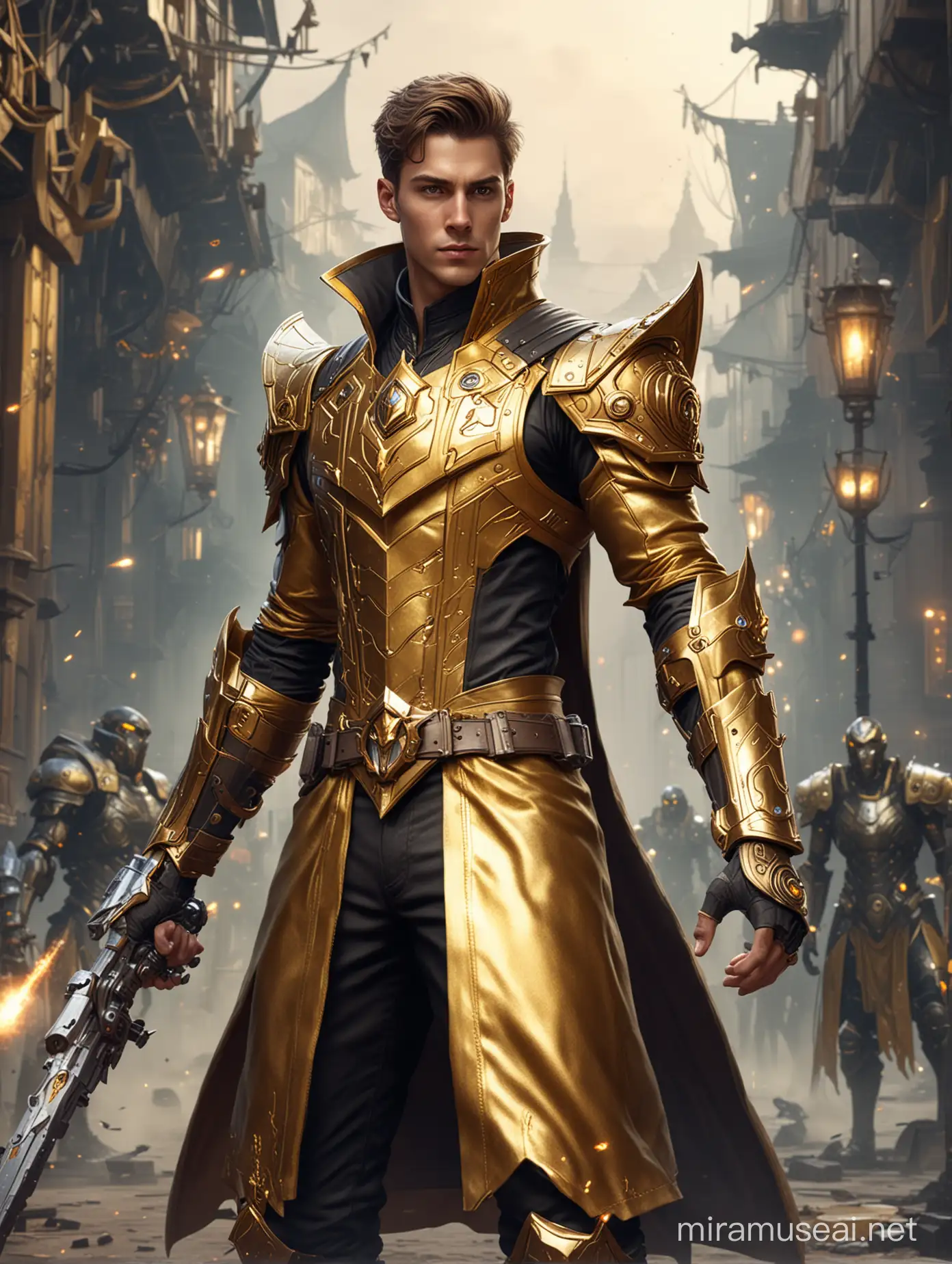 A handsome young man in a charming and hot gold warlock outfit, fighting dangerous bots in a system world