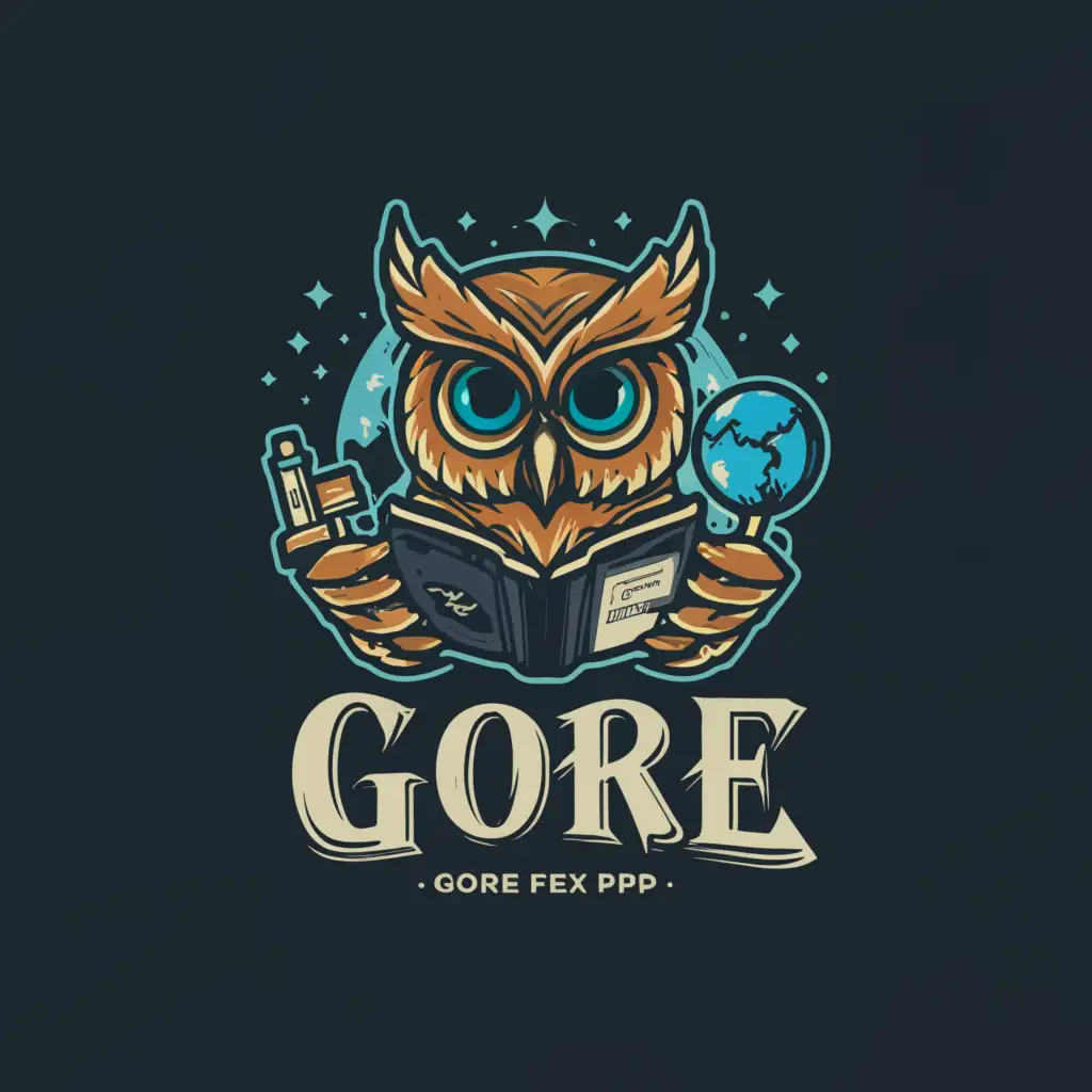 a logo design,with the text GORe FPP, main symbol:an owl who bring a book, microskop and a globe. full colour of blue or brown,complex,be used in Education industry,clear background