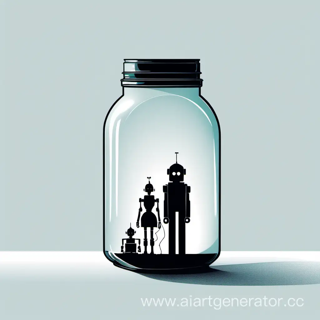 Silhouette-of-Person-and-Robot-in-Jar-on-White-Background